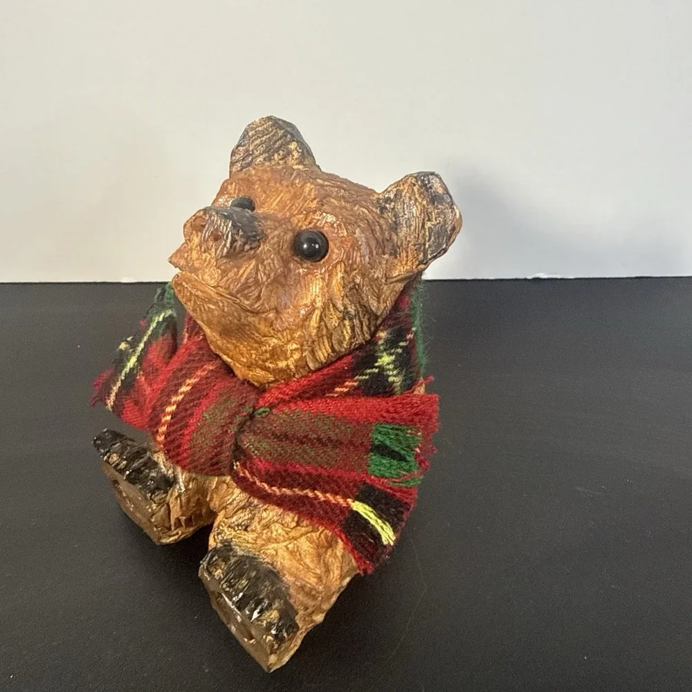 Grizzly Bear Figure Carved‎ Look Resin Wearing A Plaid Scarf Pre Owned